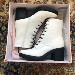 White lace up chunky heeled boots